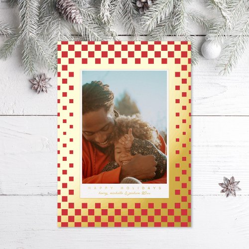 Fun Checkers Photo Red Gold Foil Holiday Card