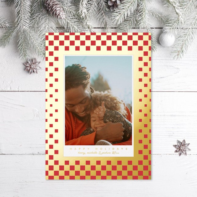 Fun Checkers Photo Red Gold Foil Holiday Card (Creator Uploaded)