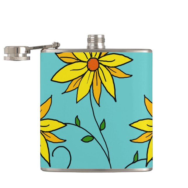 Fun Cheerful Yellow Flowers Doodle Art Hip Flask (Opened)