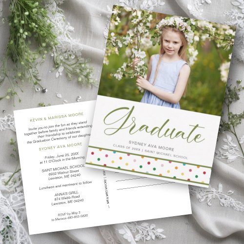 Fun Cherish Green Polka Dots Grad Photo Graduation Postcard