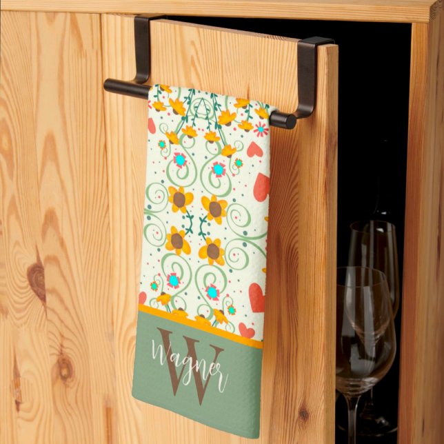 Fun Chic Floral Stylish Daisy Custom Monogram Name Kitchen Towel (Creator Uploaded)