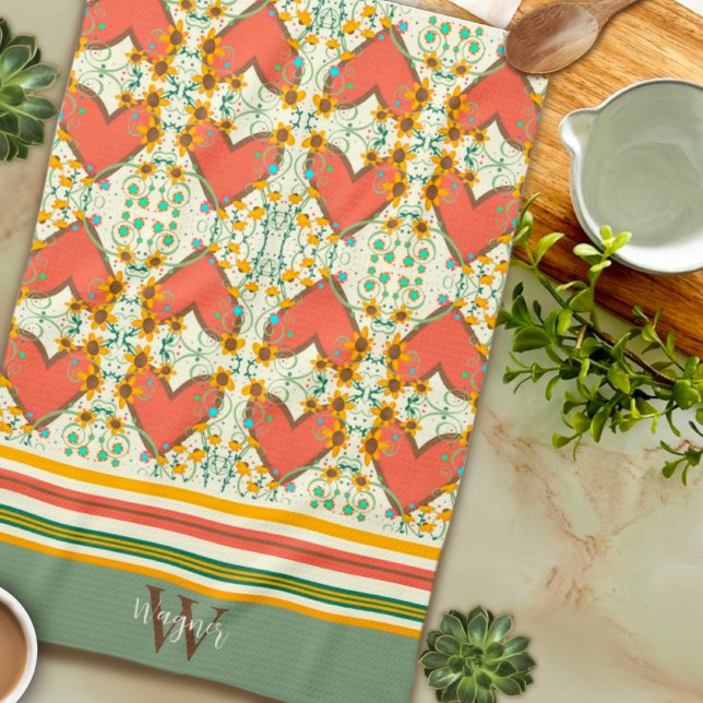 Fun Chic Floral Stylish Heart Custom Initial Name Kitchen Towel (Creator Uploaded)