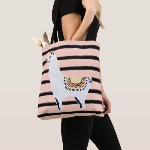 Fun Chic Llama  Stripe Pattern in Pink and Black Tote Bag