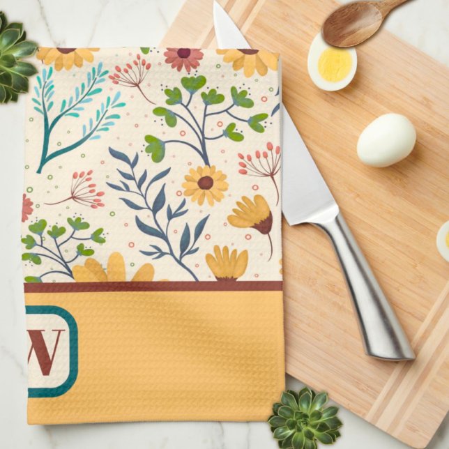Fun Chic Modern Daisy Floral Monogram Initial Kitchen Towel (Creator Uploaded)