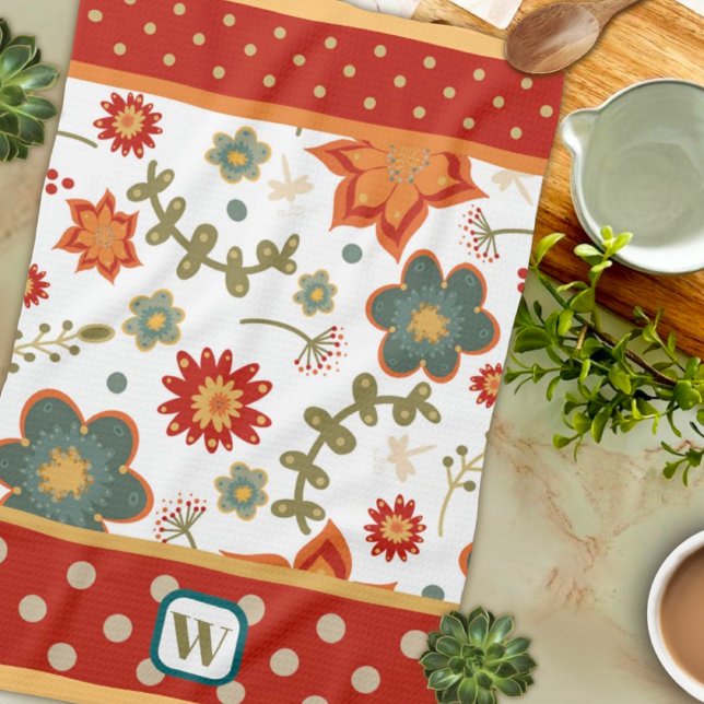 Fun Chic Modern Dots Floral Monogram Initial Kitchen Towel (Creator Uploaded)