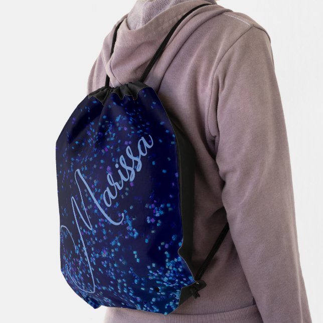 Fun Chic Personalized Blue Confetti  Drawstring Bag (Insitu)