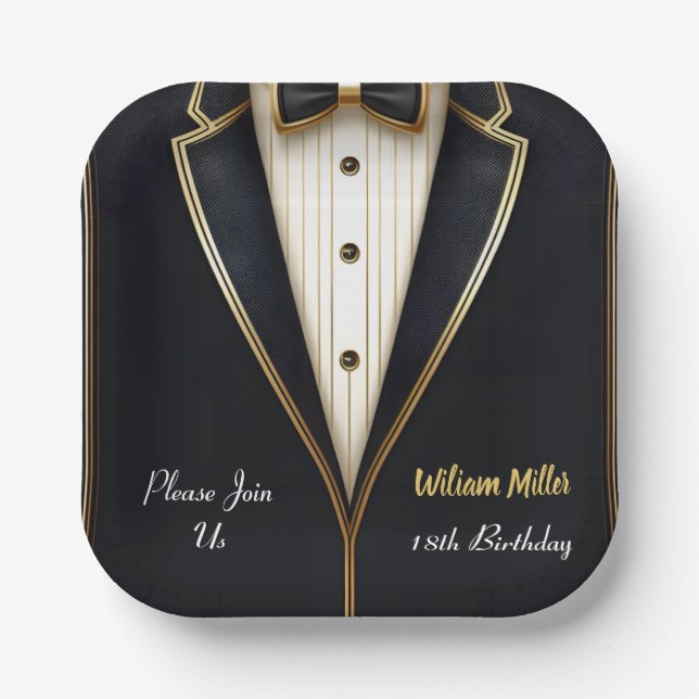 Fun Chic Suit Award Men Adult Tuxedo 18th Birthday Paper Plates (Front)