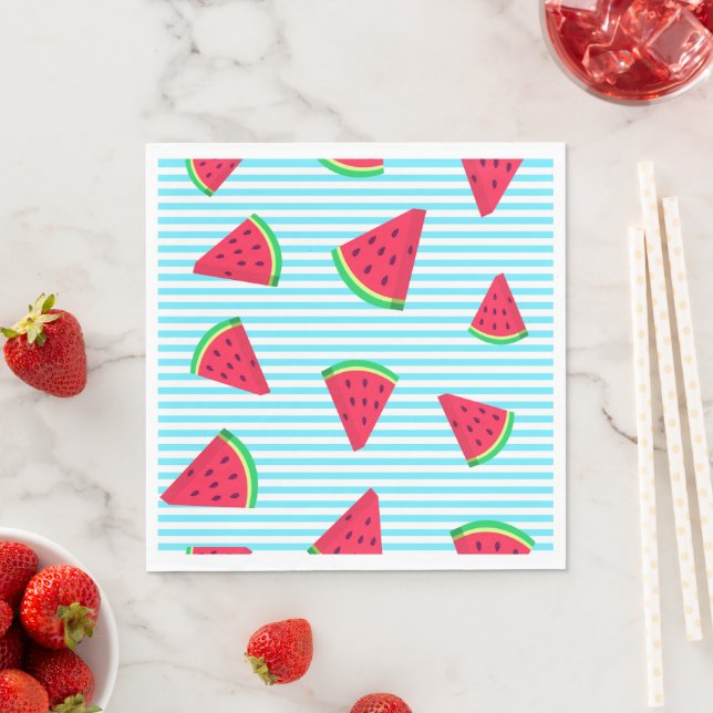 Fun Chic Watermelon Slices Blue Lines Pattern Napkins (Insitu)
