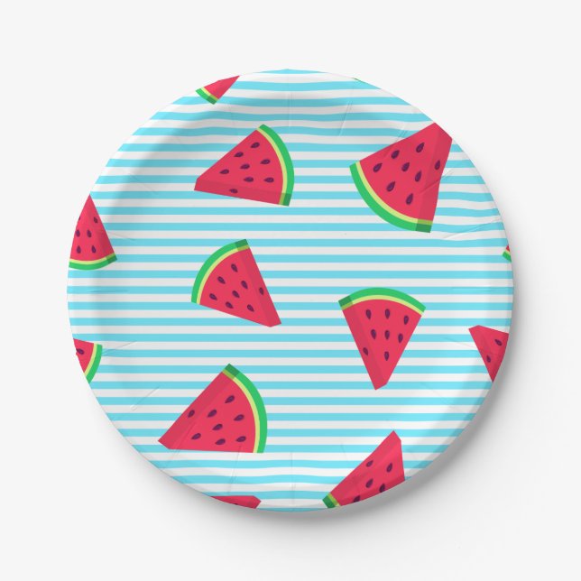 Fun Chic Watermelon Slices Blue Lines Pattern Paper Plates (Front)