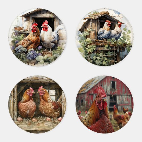 Fun Chicken Rooster Red Country Barn Coop Coaster Set