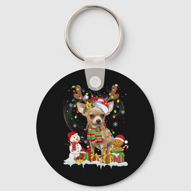 Fun Chihuahua Christmas Ugly  Dog Santa Hat Lights Keychain (Front)