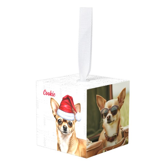 Fun Chihuahua Santa Dog Two Photo Christmas Cube Ornament (Front Angled)