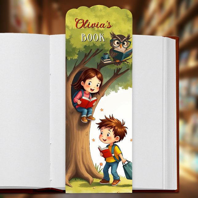 Fun Children in Nature with Owl Bookmarks (Bookmark featuring children reading and playing in a tree with a wise owl)