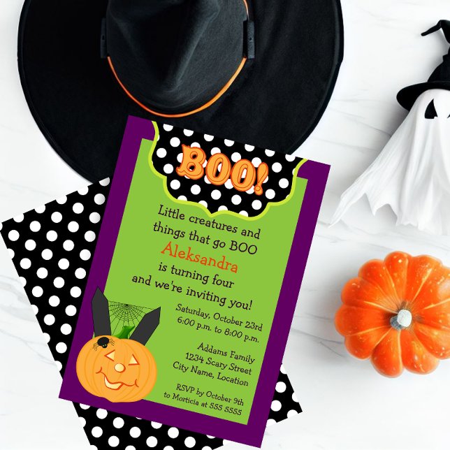 Fun Children's Halloween Birthday Invitation (Celebrate a Halloween birthday with this cute BOO and pumpkin invitation.)