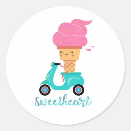 Fun Chill Summer Pink Ice Cream Scooter Sweetheart Classic Round Sticker