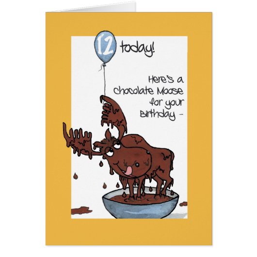 Fun Chocolate Moose with Balloon 12th Birthday Cards (Front)