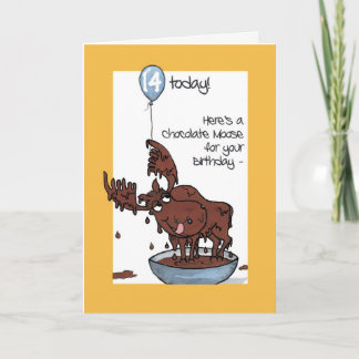 Fun Chocolate Moose with Balloon 14th Birthday Card