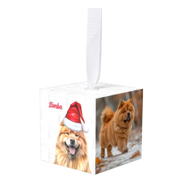 Fun Chow Chow Santa Dog Two Photo Christmas Cube Ornament (Front Angled)