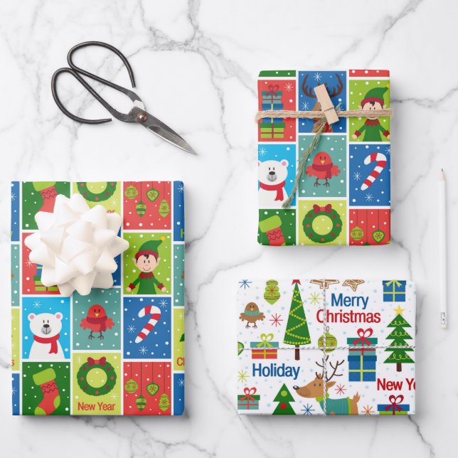 Fun Christmas Cartoon Images Wrapping Paper Sheets (Front)