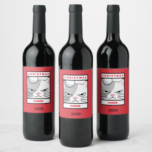 Fun Christmas Cheer Cat Lovers Design Wine Label