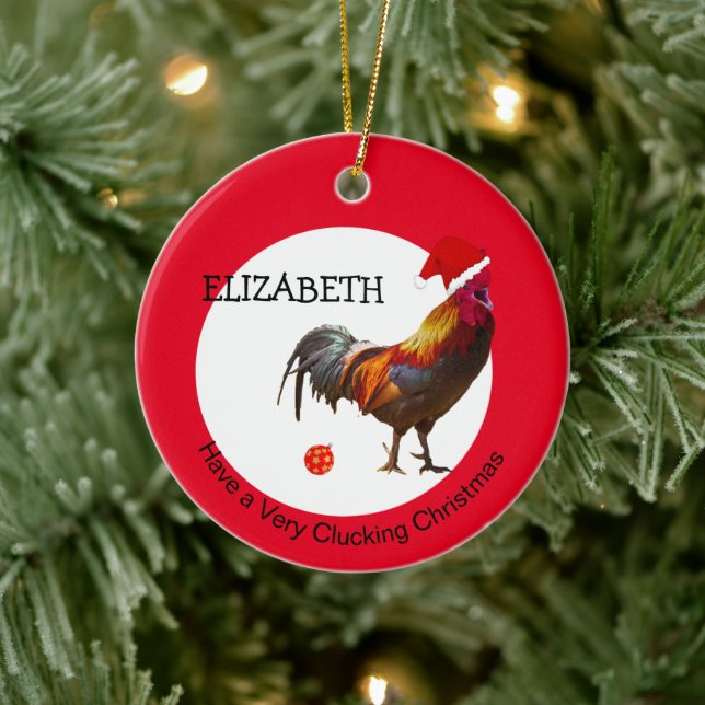 Fun Christmas Chicken Greeting Red Ceramic Ornamen Ceramic Ornament (Tree)