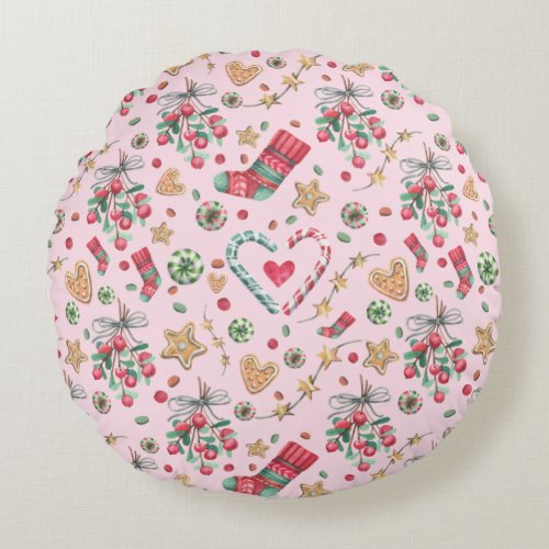 Fun Christmas Cookies and Candies Round Pillow