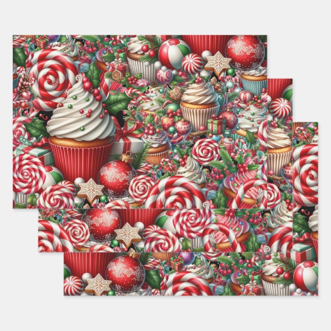 Fun Christmas Cupcakes Red Stripe Canes Wrapping Paper Sheets (Set)