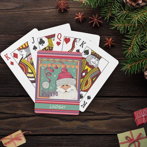 Fun Christmas Custom Name Pink Santa Inspirivity Poker Cards