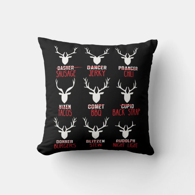 Fun Christmas Deer Hunters All of Santa's Reindeer Throw Pillow (Front)