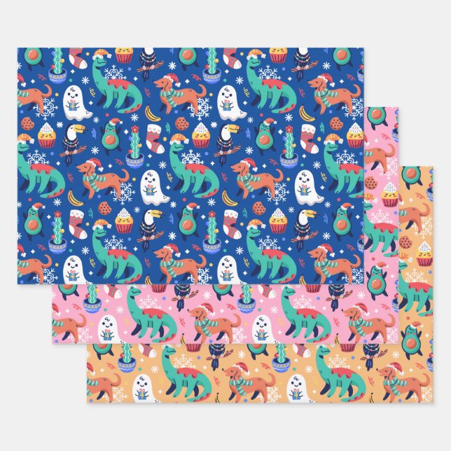 Fun Christmas Dinosaur Dog Parrot Avocado Cactus Wrapping Paper Sheets (Set)