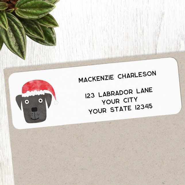Fun Christmas Dog Personalized Return Address Label (Black dog in a Christmas Santa hat personalized return address label)