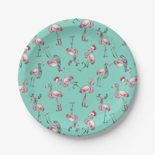 Fun Christmas Flamingos with Santa Hats Paper Plates
