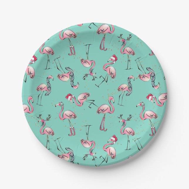 Fun Christmas Flamingos with Santa Hats Paper Plates (Front)