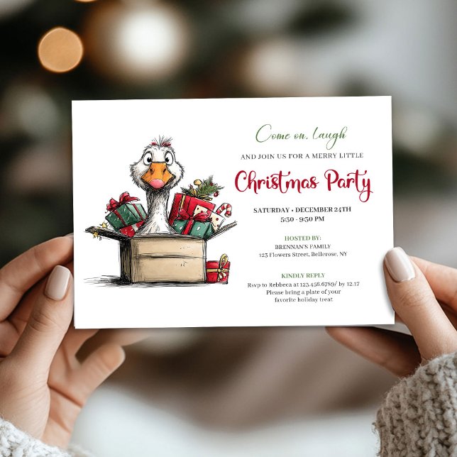 Fun Christmas Funny Goose Whimsical Cartoon Party Invitation (Christmas Funny Goose Whimsical Cartoon Party Invite)
