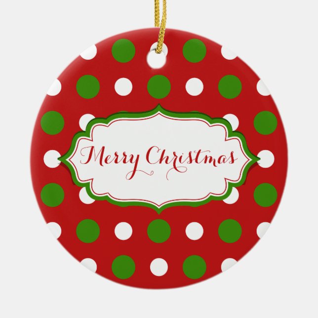 Fun Christmas green and white Polka dots on red Ceramic Ornament (Front)