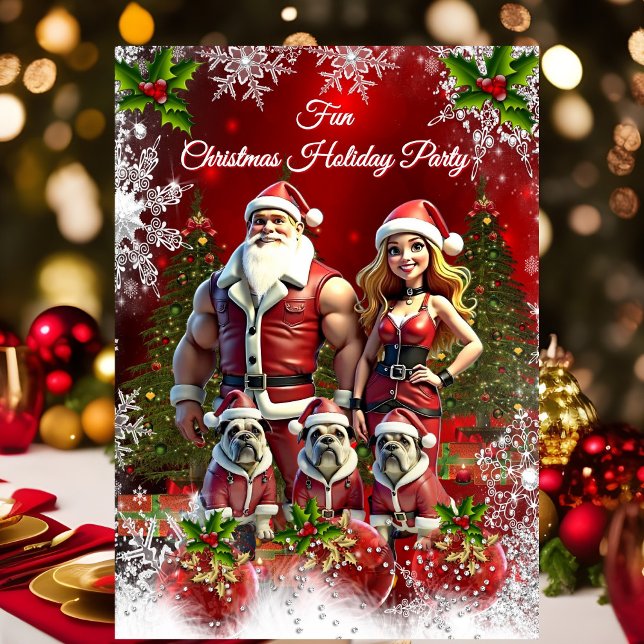 Fun Christmas Holiday Party Red Couple 3 Dogs Invitation (Creator Uploaded)