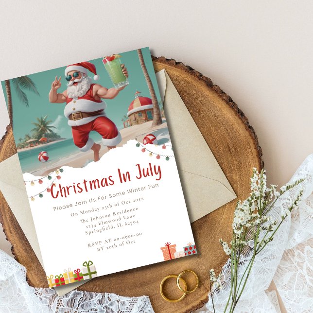 Fun Christmas in July beach Santa Claus Invitation (Creator Uploaded)
