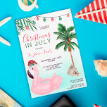 Fun Christmas in July beach tropical flamingo Invitation<br><div class="desc">Fun Christmas in July beach tropical flamingo with watercolor palm tree leaves,  palm tree,  gifts,  a pink flamingo floater wearign a Santa hat with mistletoe. Celebrate summer , pool party and BBq.</div>