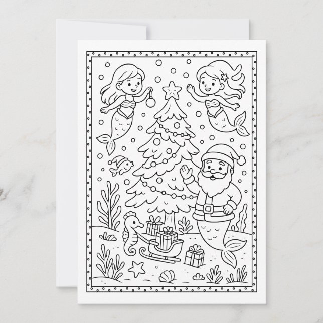 Fun Christmas Mermaids Coloring Flat Note Card (Front)