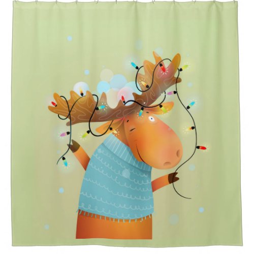 Fun Christmas Moose String Lights Humor  Bath Mat Shower Curtain