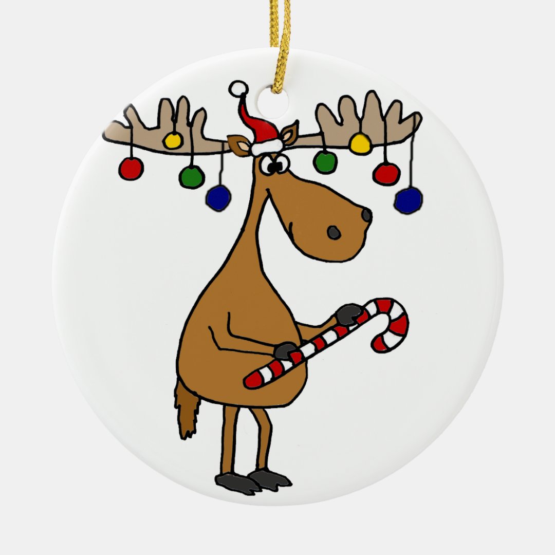 Fun Christmas Moose with Candy Cane and Ornaments | Zazzle