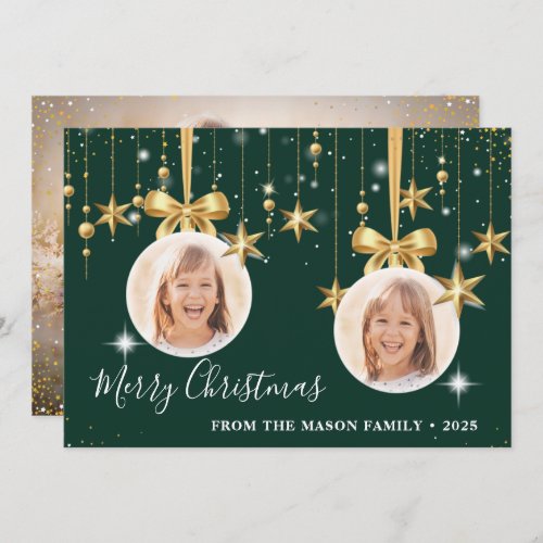 Fun Christmas Ornament Photo Green Gold Holiday Card