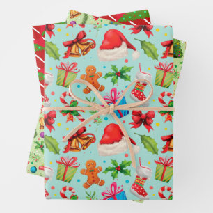 Fun Christmas Patterns Bells Hats Cup Cakes Trees Wrapping Paper Sheets