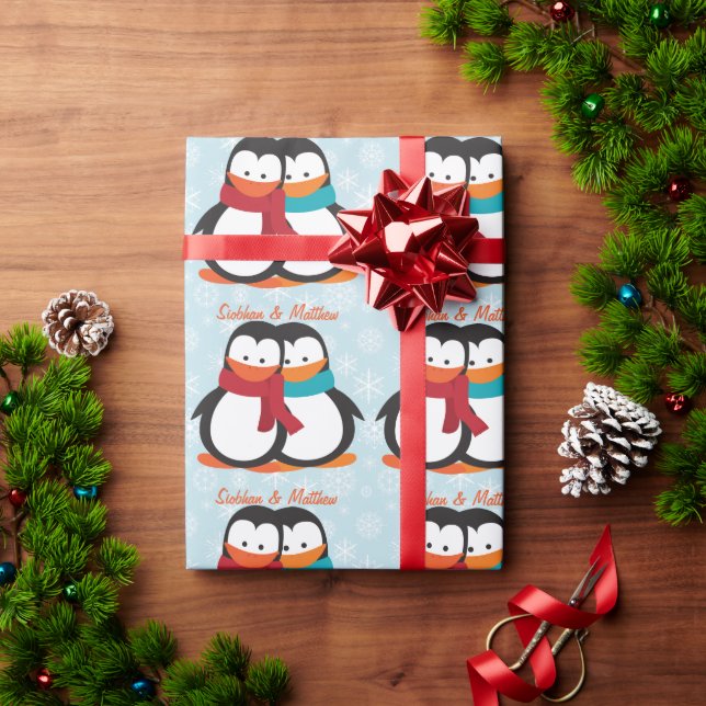 Fun Christmas Penguin Couple Customizable Wrapping Paper (Holiday Gift)