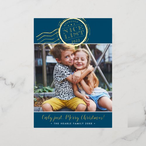 FUN CHRISTMAS PHOTO cute kids Nice List stamp blue Foil Holiday Card