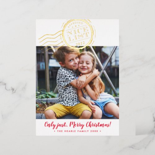 FUN CHRISTMAS PHOTO cute kids Nice List stamp Foil Foil Holiday Card