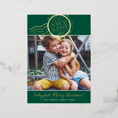 FUN CHRISTMAS PHOTO kids Nice List stamp green Foil Holiday Card