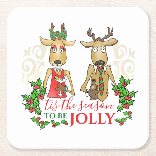 Fun Christmas Reindeer with Drinks Tis the Season Square Paper Coaster