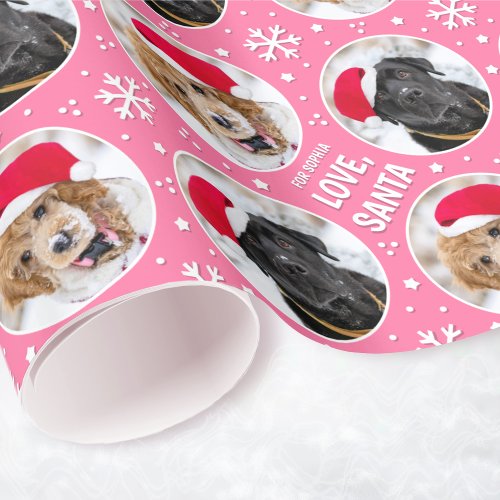 Fun Christmas Santa Custom Photos Name Pink Wrapping Paper