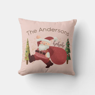Fun Christmas Santa Illustration Family Name Pink Throw Pillow